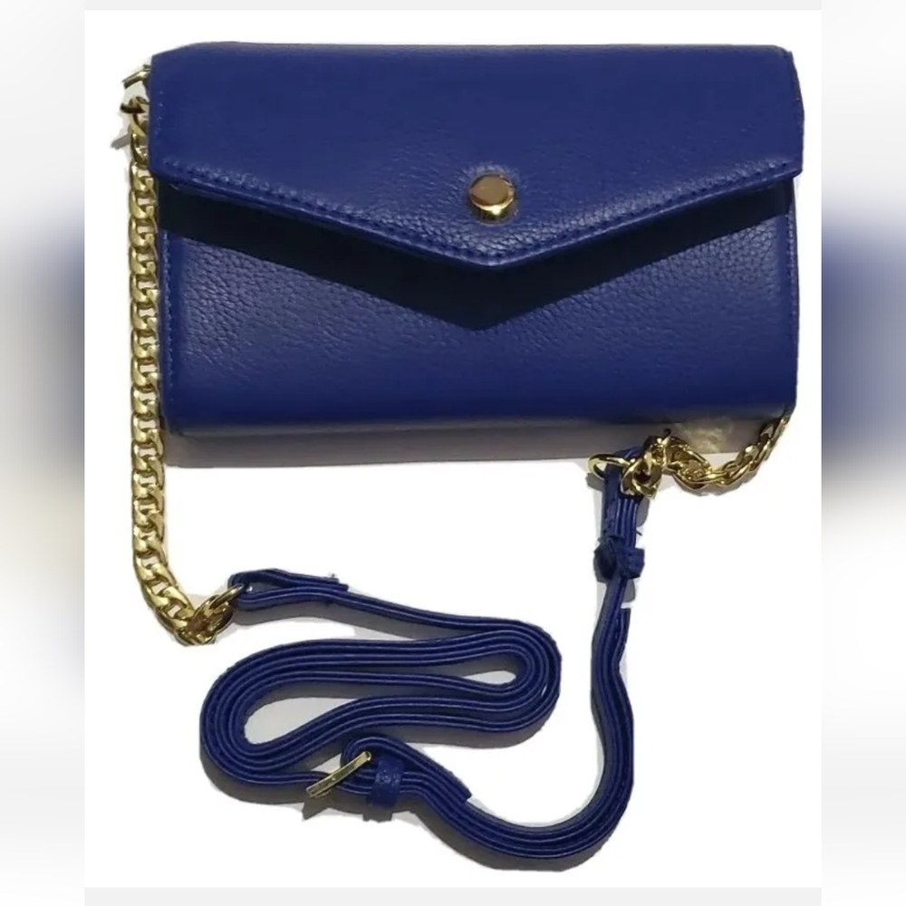 Leather Crossbody Wallet Purse Stella & Max Designer Blue Chain NEW